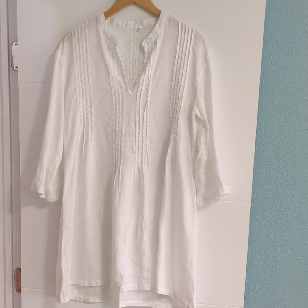 White Linen V Neck Pintucked Boho Women's Tunic Top Beachy Lightweight Sz M